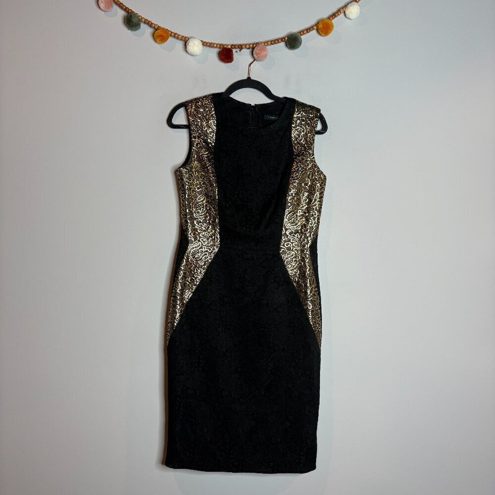 Carmen Marc Valvo gold metallic jacquard sheath dress